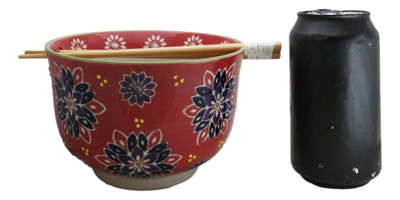 Red Chrysanthemum Floral Art Large 24Oz Donburi Ramen Bowl With Chopsticks Set