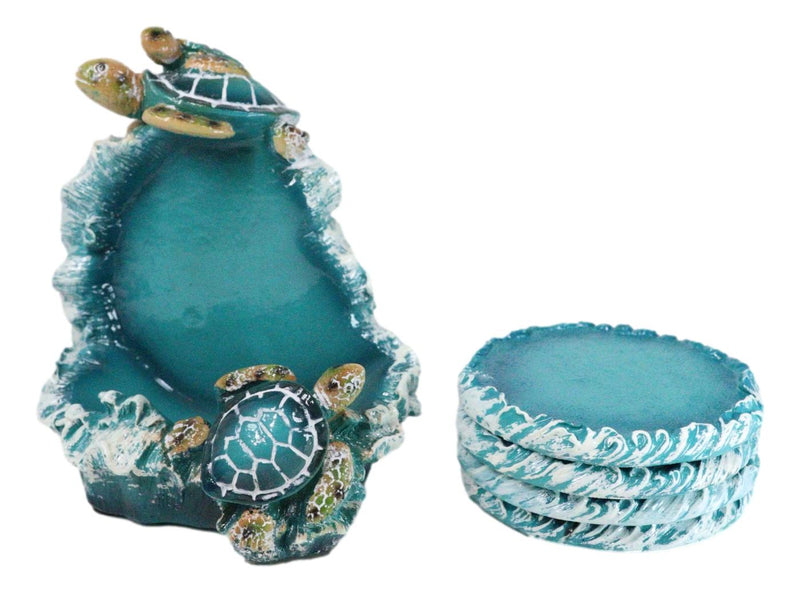 Marine Turquoise Blue Waves Sea Turtle Mother And Hatchling Family Coaster Set