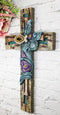 Rustic Turquoise Floral Blooms Ichthys Jesus Fish Symbol Faux Wooden Wall Cross