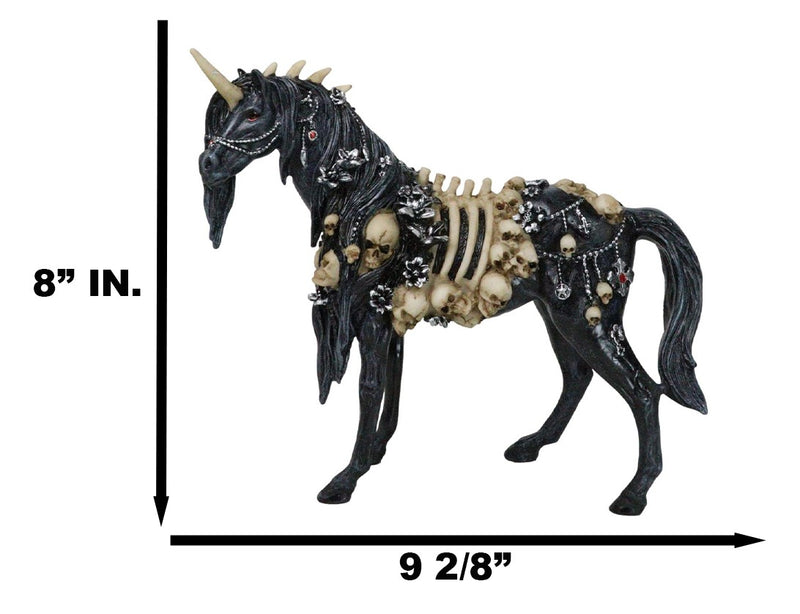 Gothic Macabre Black Dark Unicorn Horse With Skeleton Bones And Skulls Figurine