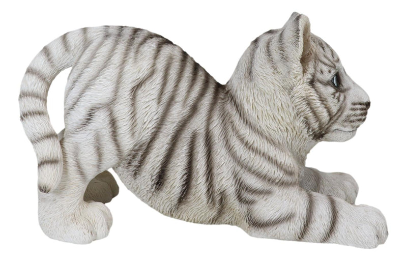 Realistic White Alaskan Siberian Tiger Cub Crouching Decorative Statue 12"L