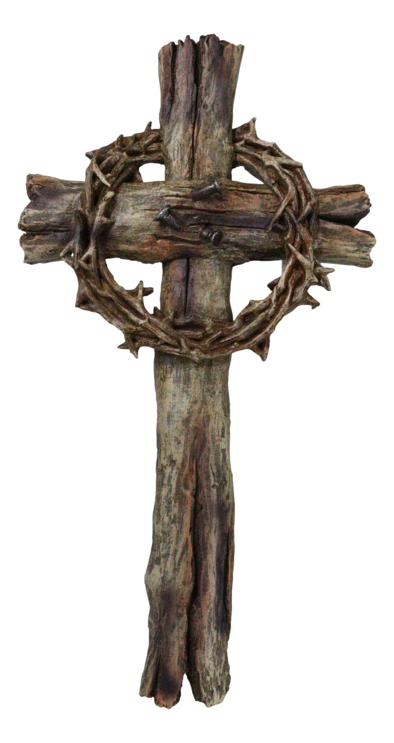 Rustic Via Dolorosa Calvary Crown of Thorns and Nails Faux Wooden Wall Cross