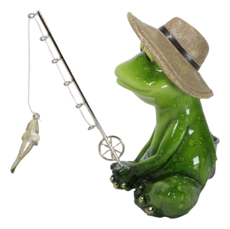 Catch of The Day Green Frog Rod Fishing And Wearing Fisherman Hat Figurine