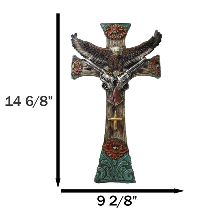 Rustic Western Turquoise Flowers Eagle Dual Pistols Cowboy Faux Wood Wall Cross