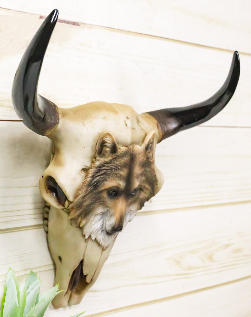 Rustic Western Tribal Buffalo Bull Cow Skull With Gray Wolf Carving Wall Decor