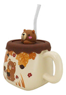 Whimsical Autumn Leaves Brown Bear Cub Ceramic Mug With Silicone Lid And Straw