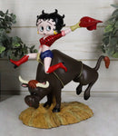 Wild West Country Cowgirl Betty Boop With Red Hat Riding A Toro Bull Figurine