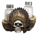 Native American Indian Chieftain Skull With Headdress Salt Pepper Shakers Set