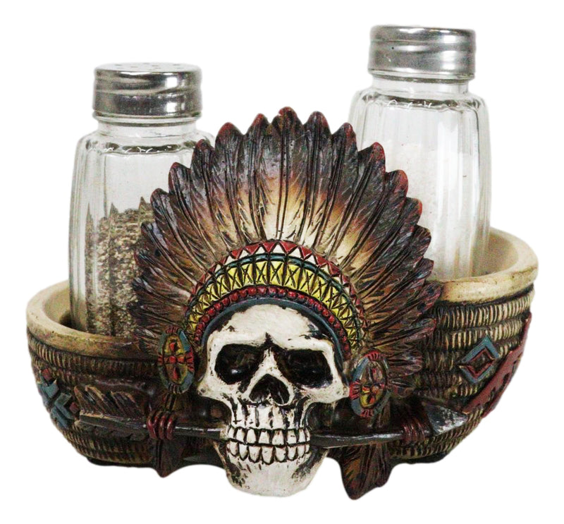 Native American Indian Chieftain Skull With Headdress Salt Pepper Shakers Set