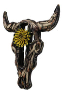 Rustic Buffalo Cow Skull With Yellow Flower And Cross Faux Wooden Wall Decor