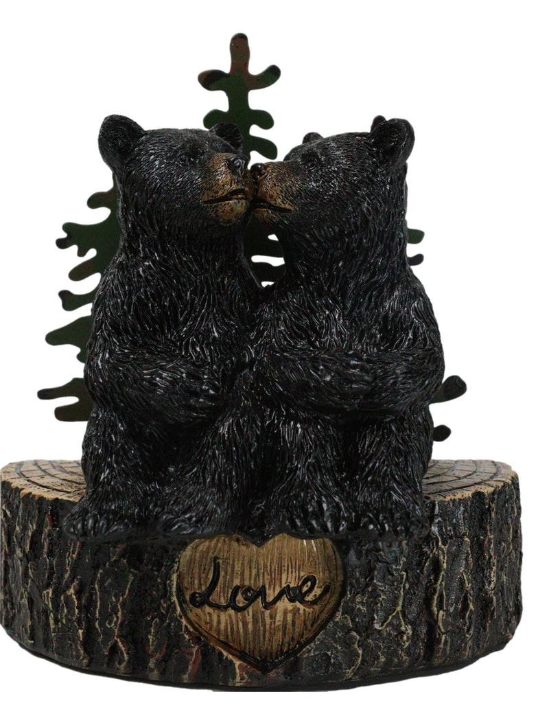 Rustic Black Bear Couple Kissing On Love Tree Ring with Pine Trees Figurine