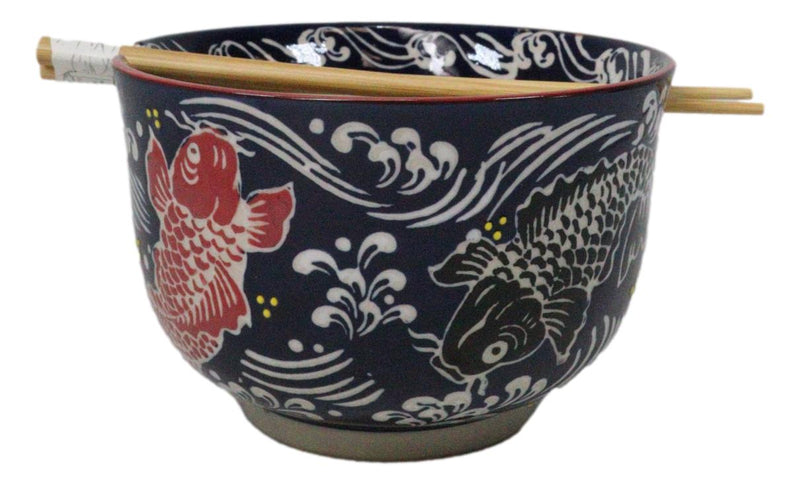 Blue Red And Black Koi Fishes Large 24Oz Donburi Ramen Bowl With Chopsticks Set