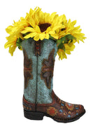 Southwestern Turquoise Tribal Aztec Patterns Faux Leather Cowboy Boot Vase