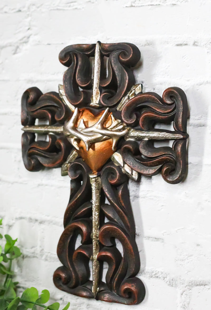 Rustic Sacred Heart Crown of Thorns And Spike Nails Faux Wooden Wall Cross Decor