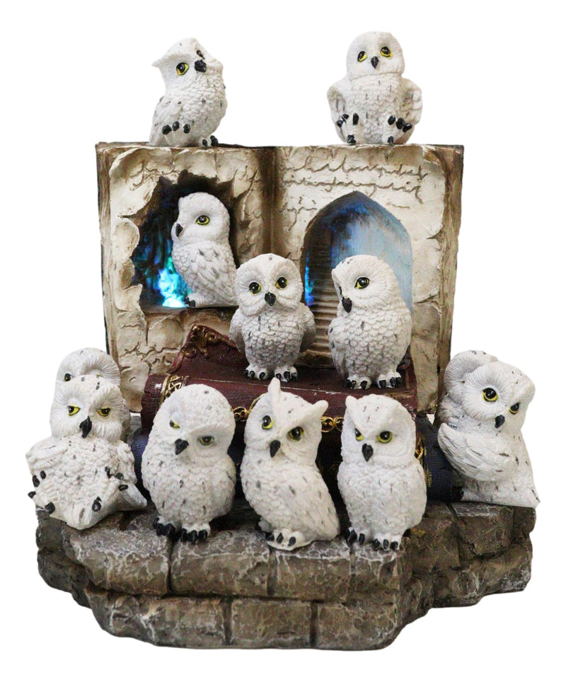 12 Mini Snow White Owls On Pentagram Spell Books With Secret Caverns LED Display