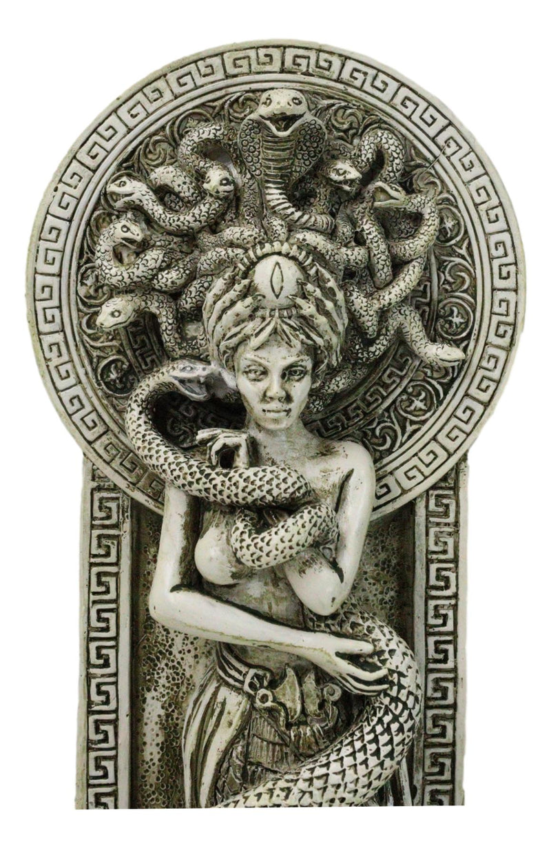 Greek Goddess Medusa With Hair Of Snakes And Serpent Tail By Altar Figurine