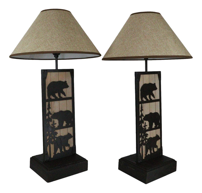 Set of 2 Rustic Western Black Bears In Forest Wood Metal Bedside Table Lamps