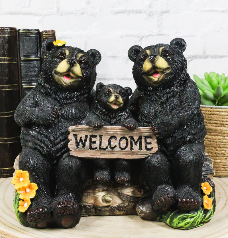 Papa Mama Black Bears and Cub Sitting On Log with Welcome Plank Sign Figurine