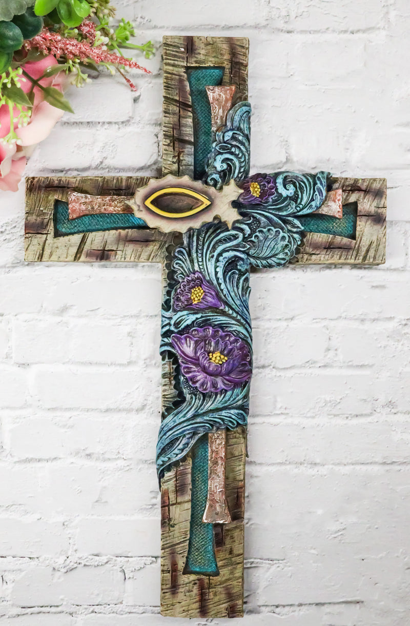 Rustic Turquoise Floral Blooms Ichthys Jesus Fish Symbol Faux Wooden Wall Cross