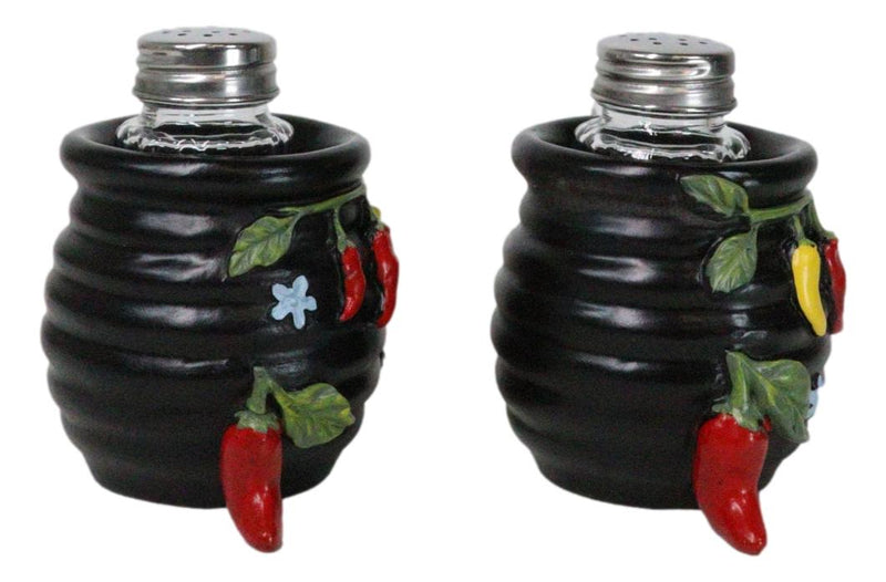 Southwestern Pot Of Chili Peppers Canister Jars Salt Pepper Shakers Holder Set