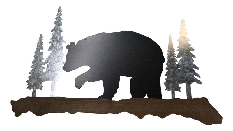 20"L Rustic Forest Black Bear By Pine Trees Silhouette Wood & Metal Wall Plaque