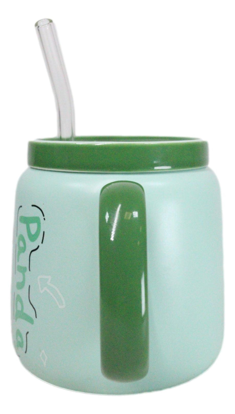 Whimsical Anime Green Giant Panda 16oz Ceramic Mug Cup With Lid And Glass Straw