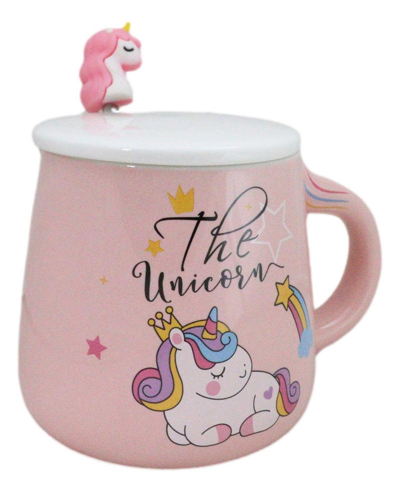 Pastel Pink Whimsical Unicorn Rainbow Shooting Star Mug With Spoon And Lid