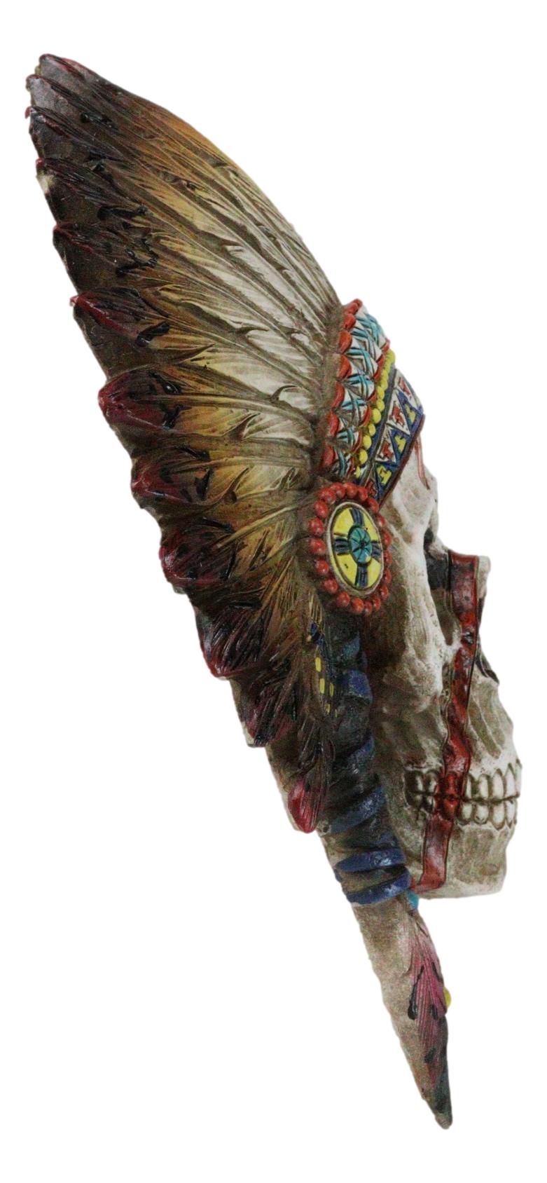 Native American Indian Chief Warpath Skull with Headdress Wall Decor Plaque