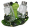 Green Tree Frog Toad Meditating Glass Salt Pepper Shakers Holder Figurine Set