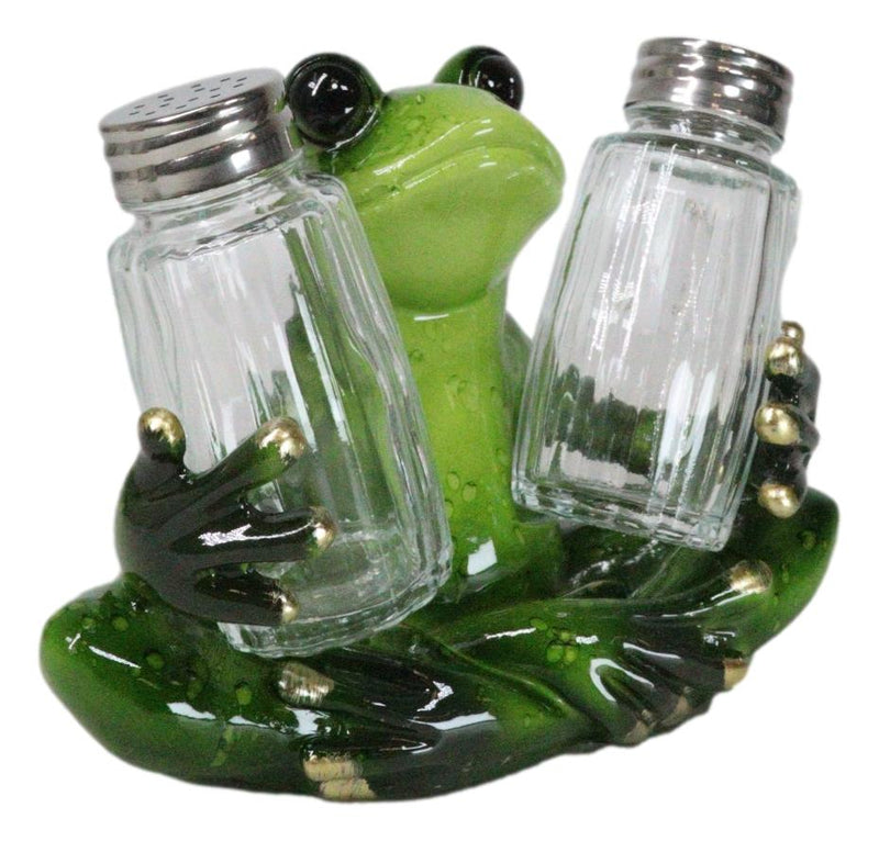 Green Tree Frog Toad Meditating Glass Salt Pepper Shakers Holder Figurine Set