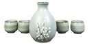 Blue Plum Japanese Sakura Cherry Blossoms Porcelain Sake Flask With Cups Set