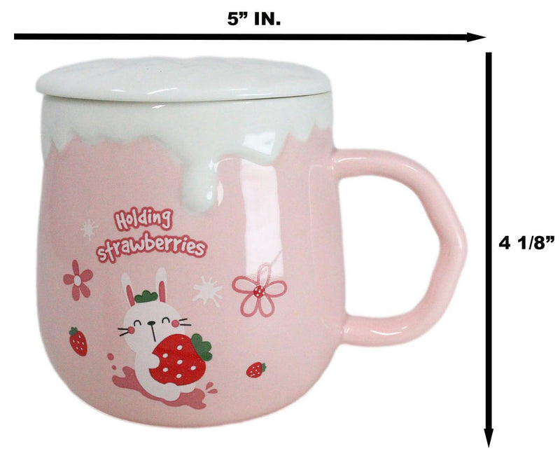 Whimsical Bunny Rabbit Hiding Strawberries Ceramic Mug Cup With Lid And Spoon