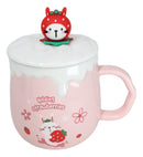 Whimsical Bunny Rabbit Hiding Strawberries Ceramic Mug Cup With Lid And Spoon