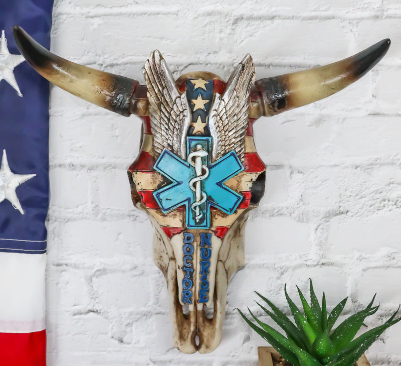 Rustic Western American Flag Doctor Nurse Caduceus Symbol Cow Skull Wall Decor