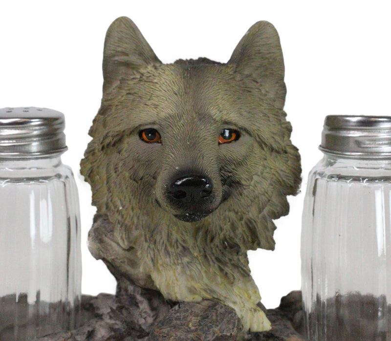 Grey Wolf Head By Woodlands Forest Glass Salt & Pepper Shakers Holder Figurine