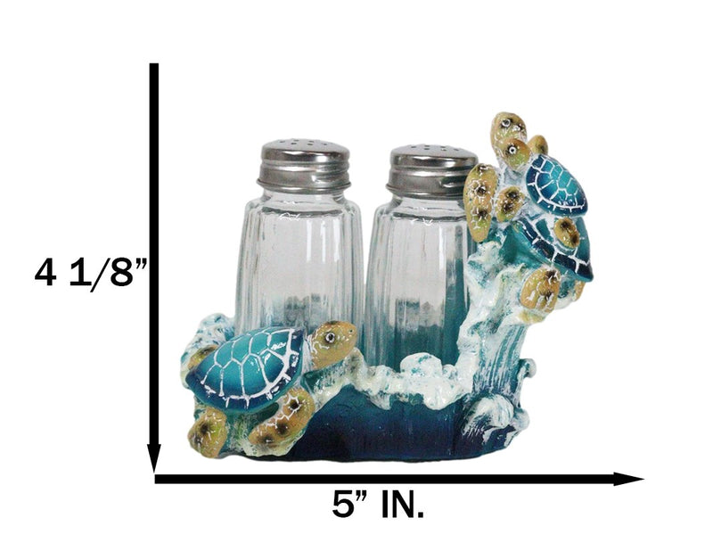 Nautical Marine Reef Sea Turtles Over Waves Salt And Pepper Shakers Holder Set