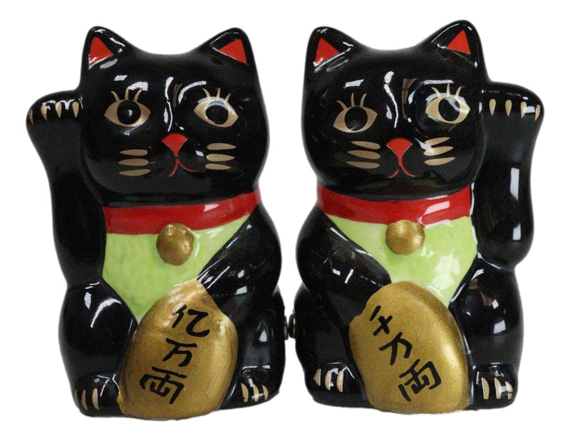 Black Lucky Fortune Japanese Maneki Neko Cats Ceramic Salt Pepper Shakers Set