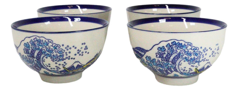 Pack Of 4 Blue Japanese Hokusai Great Wave Design Ceramic Thick Large Rice Bowls