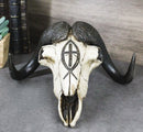 Rustic Western Musk Ox Cattle Bull Skull With Christian Ichthys Symbol Figurine