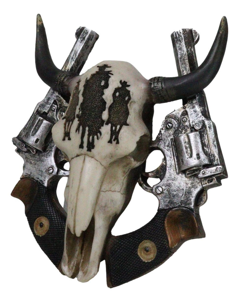 Rustic Western 3 Cowboys On Horses Cow Skull With Dual Pistols Wall Decor Plaque