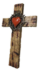 Rustic Western Faux Wooden Sacred Heart with Crown of Thorns Decor Wall Cross