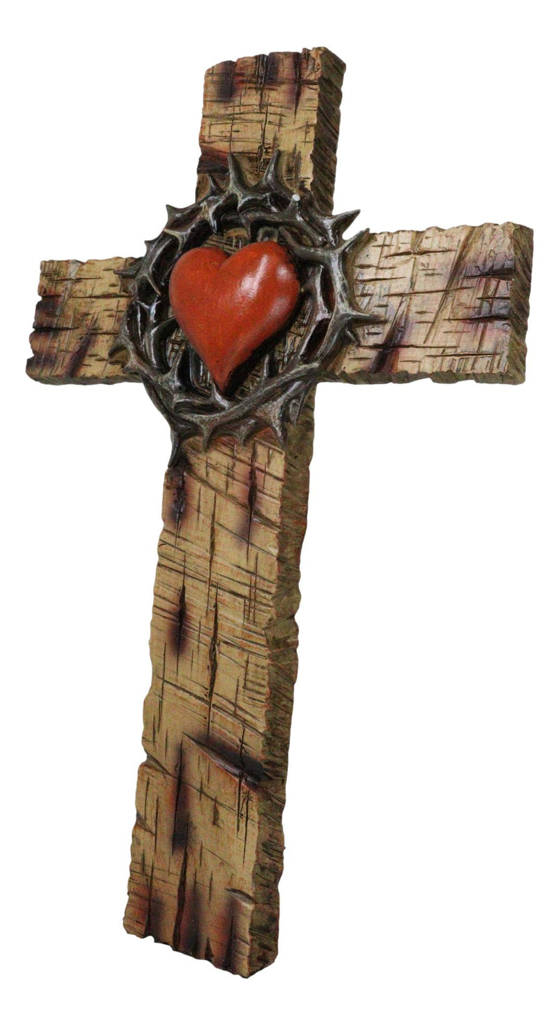 Rustic Western Faux Wooden Sacred Heart with Crown of Thorns Decor Wall Cross