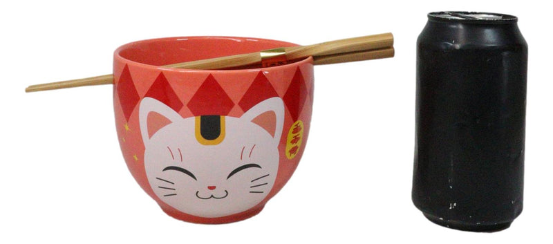 Red Maneki Neko Lucky Cats Ceramic Donburi Ramen Soup Bowl With Chopsticks Set