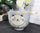 Blue Chubby Kitty Cat Sleeping Ceramic Donburi Ramen Bowl With Chopsticks Set