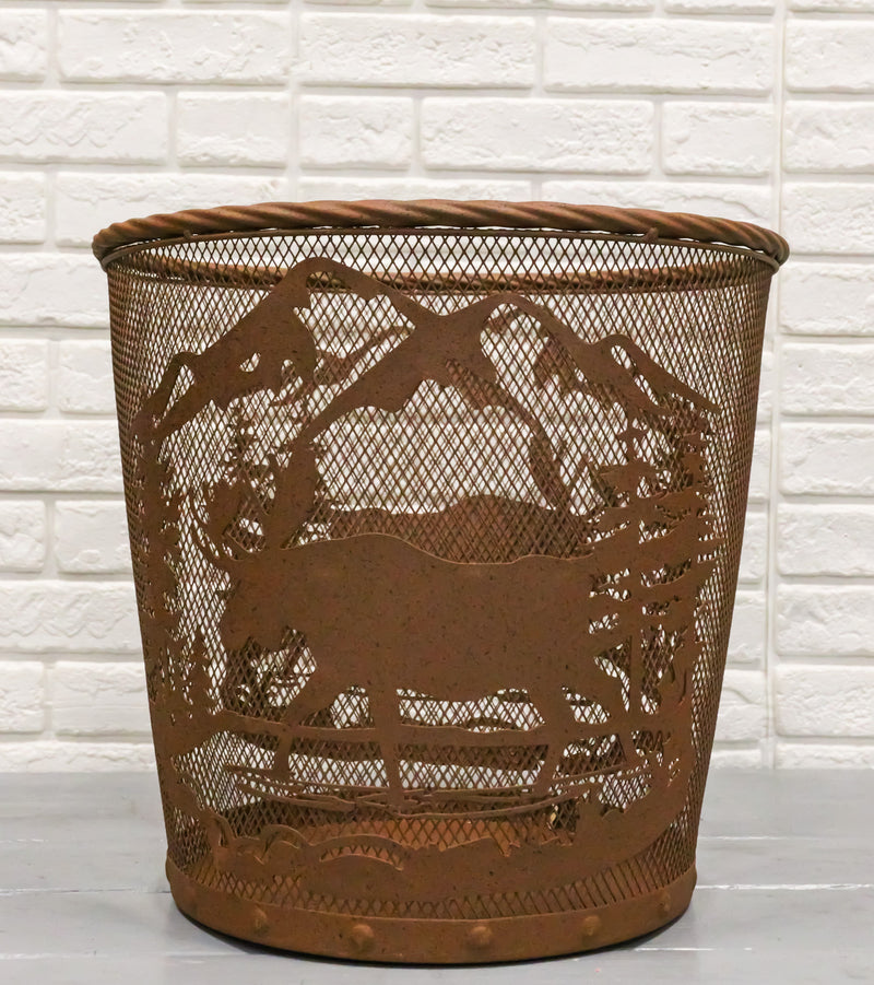 Rustic Deer Moose By Pine Forest Mountains Metal Wire Waste Basket Trash Bin