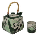 Green Bamboo Lucky Panda Bear Ceramic Hexagonal Teapot With 4 Tea Cups Set