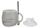 Whimsical Grey Chubby Feline Kitty Cat Cup Mug With Lid And Stirring Spoon