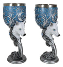 Set Of 2 Romantic Snow White Wolves Love Hex Heart Baroque Blue Wine Goblets