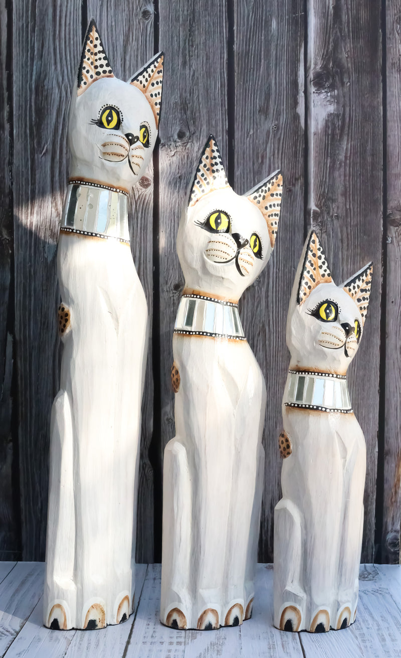 Balinese Wood Handicraft White Siamese Feline Cat Family Set of 3 Figurines 24"H