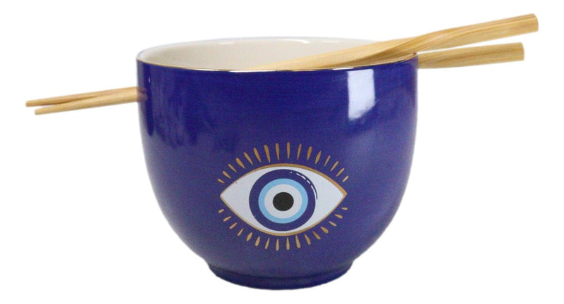 Blue And Gold Wicca Mystic Evil Eye Of Providence Porcelain Bowl With Chopsticks